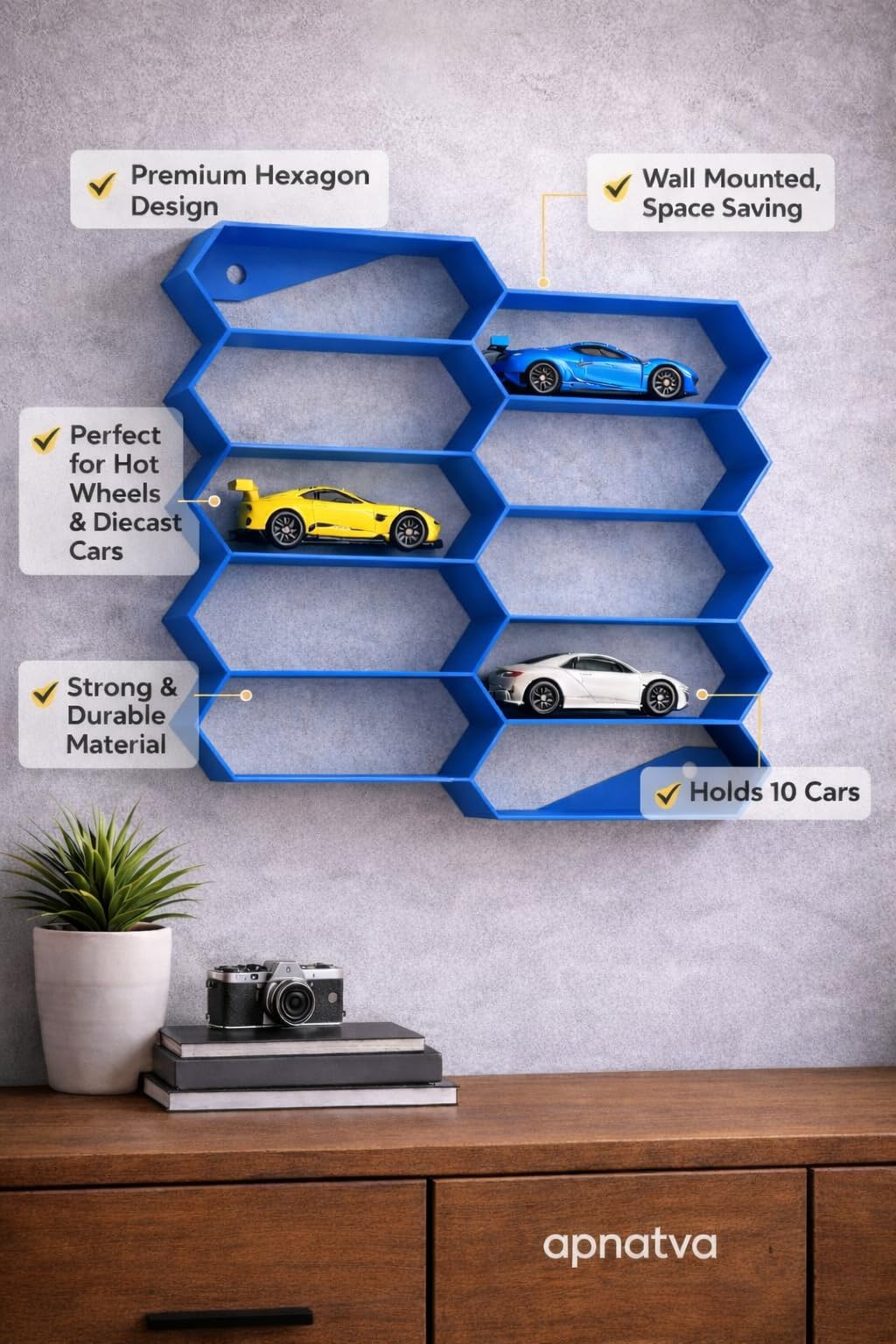 Apnatva 10-Car Hexagon Wall Rack Compatible with Hot Wheels Stand & 1:64 Die-Cast Cars | Stackable Wall Car Display Organizer with Side Guards & Screw Slot |Home & Office Decor (NO CAR INCLUDED)(Blue)