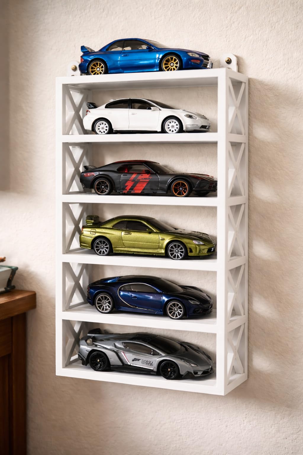 Apnatva 6-Car Display Rack – Premium Matte Black Tabletop Organizer with Tire Slots & Side Guards for 1:64 Scale Diecast Cars (Hot Wheels, Matchbox, Tomica,)(NO CAR INCLUDED) (White)