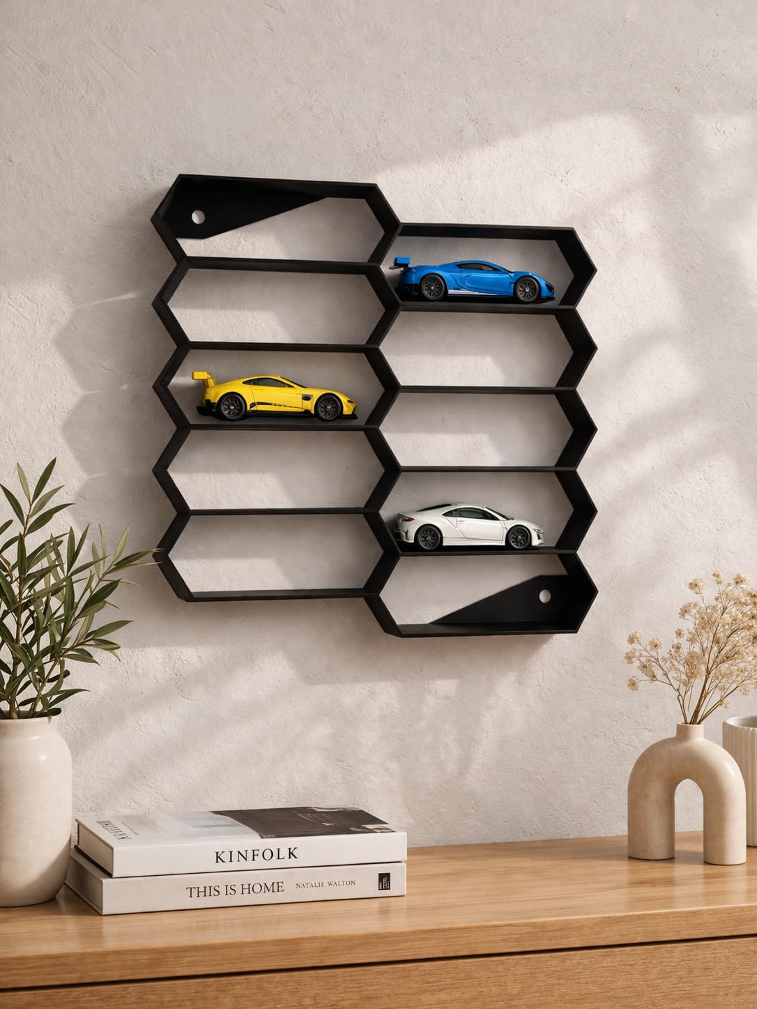 Apnatva 10-Car Hexagon Wall Rack Compatible with Hot Wheels Stand & 1:64 Die-Cast Cars | Stackable Wall Car Display Organizer with Side Guards & Screw Slot | Home & Office Decor (NO CAR INCLUDED)